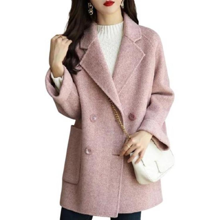 

Women Winter Overcoat Woolen Coat Double Breasted Mid Length Formal Business Jacket Turn Down Collar OL Commuting Solid Color Thick Outerwear M