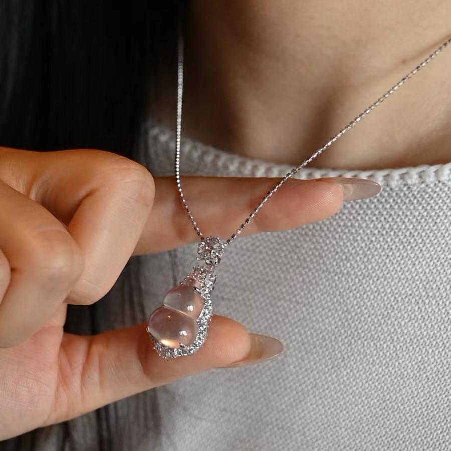 Pure Silver S925 Natural Mizzonite Jade Gourd Pendant Necklace - High Ice Variety for Women, with Chinese Style Fu Lu Charm