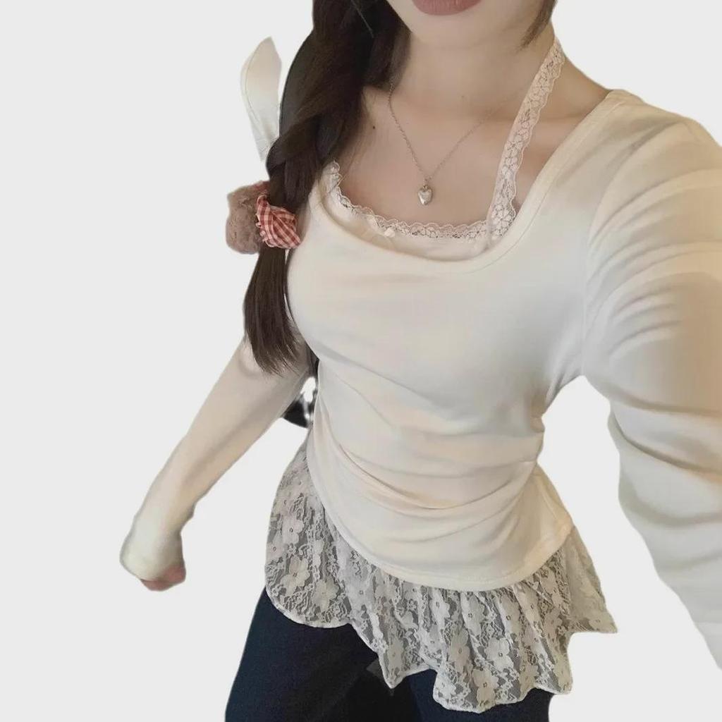 Ballet-Inspired Lace Halter Sweater for Women - Autumn/Winter Korean Style