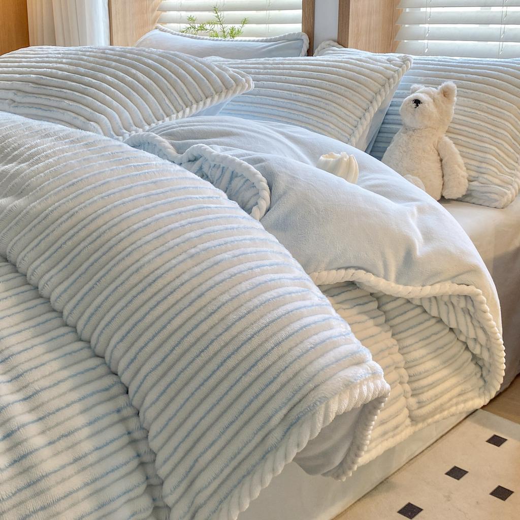 Jacquard Hemming Thickened Milk Fleece Four-Piece Set Double-Sided Fleece Quilt Cover Dormitory Three-Piece Set Bedding