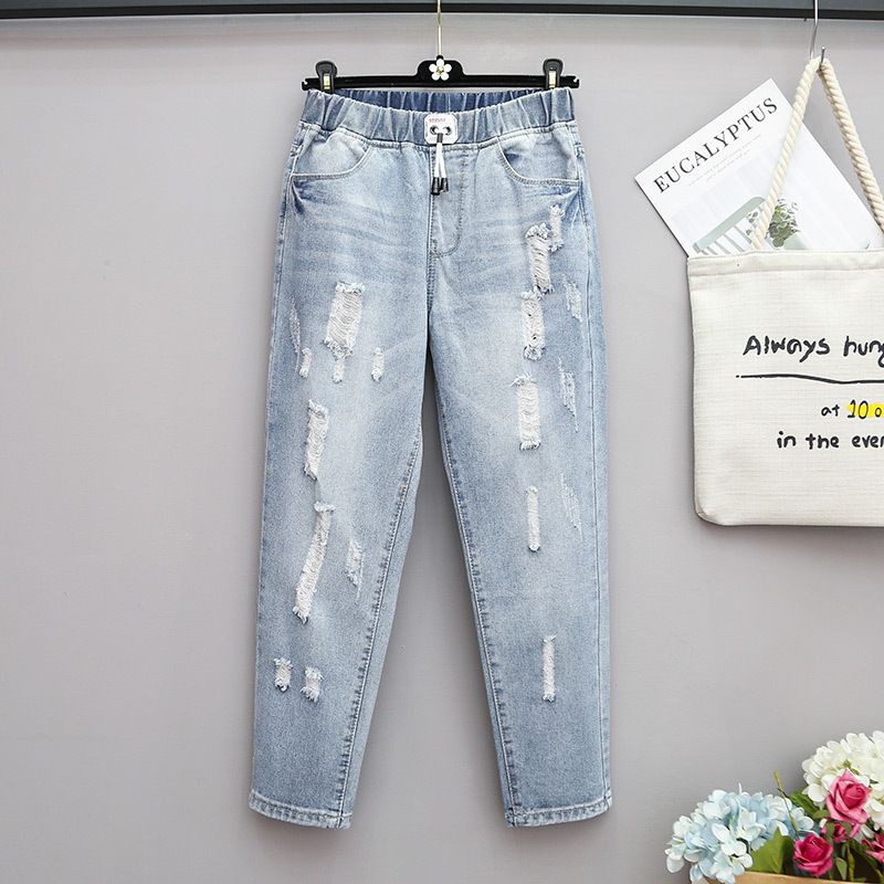 

115.00kg Oversized Jeans Female 100.00kg Plus Size Ladies Spring/Summer Thin Elastic Waist Loose Slimming Holes Harem Pants Light blue 4XL (80.00 kg-87.50 kg
