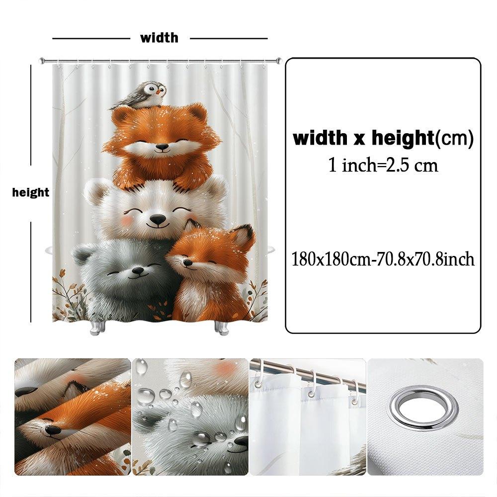 1pc Playful Red Fox & Bear Trio Stacked Shower Curtain - Soft Forest Background with Falling Snowflakes