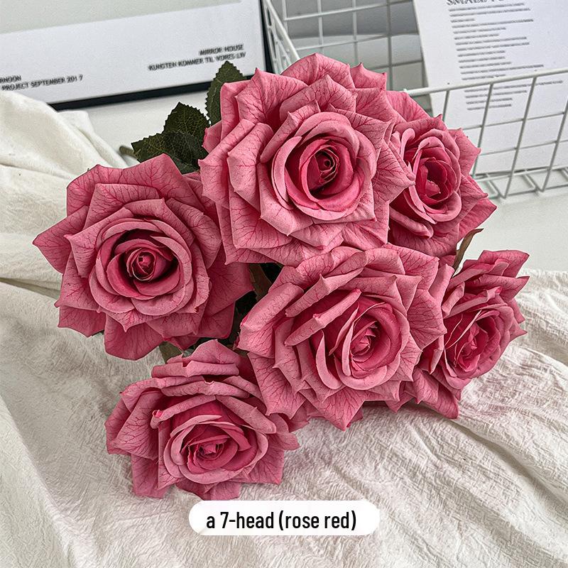 7-Head Embossed Cappuccino Rose Bouquet: Artificial Wedding Car Decoration with High-End Feel