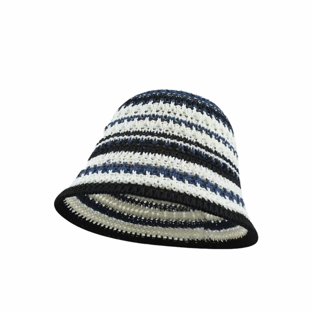 Fashion Striped Knitted Hollow Fisherman Hat Big Eaves UV Protection Straw Bucket Cap Multicolor Breathable Basin Hat Outdoor