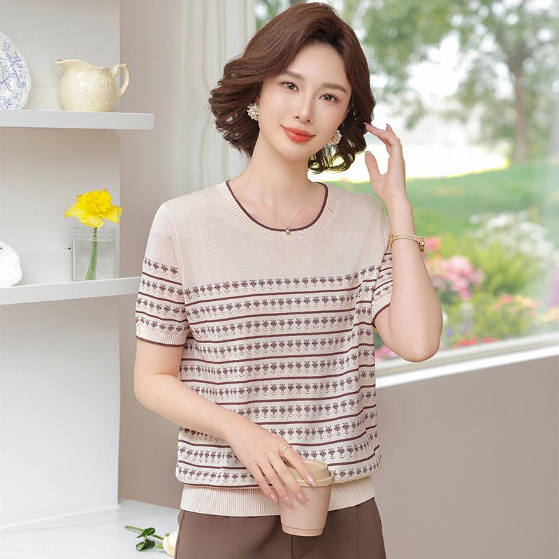 Mom's 2026 Summer Short-Sleeve Striped Knit Top, Ice Silk T-Shirt for Middle-Aged and Elderly Women