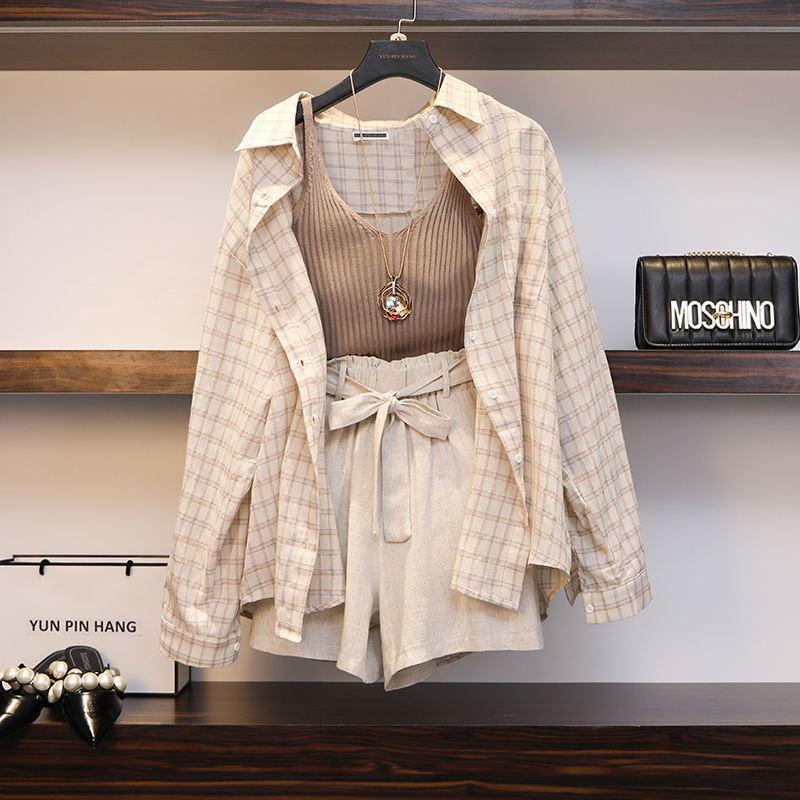 Chic Plaid Slimming Plus Size Summer Three-Piece Suit for Women