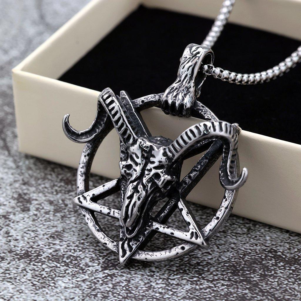 Vintage Men's Stainless Steel Hollow Goat Head Pendant Necklace