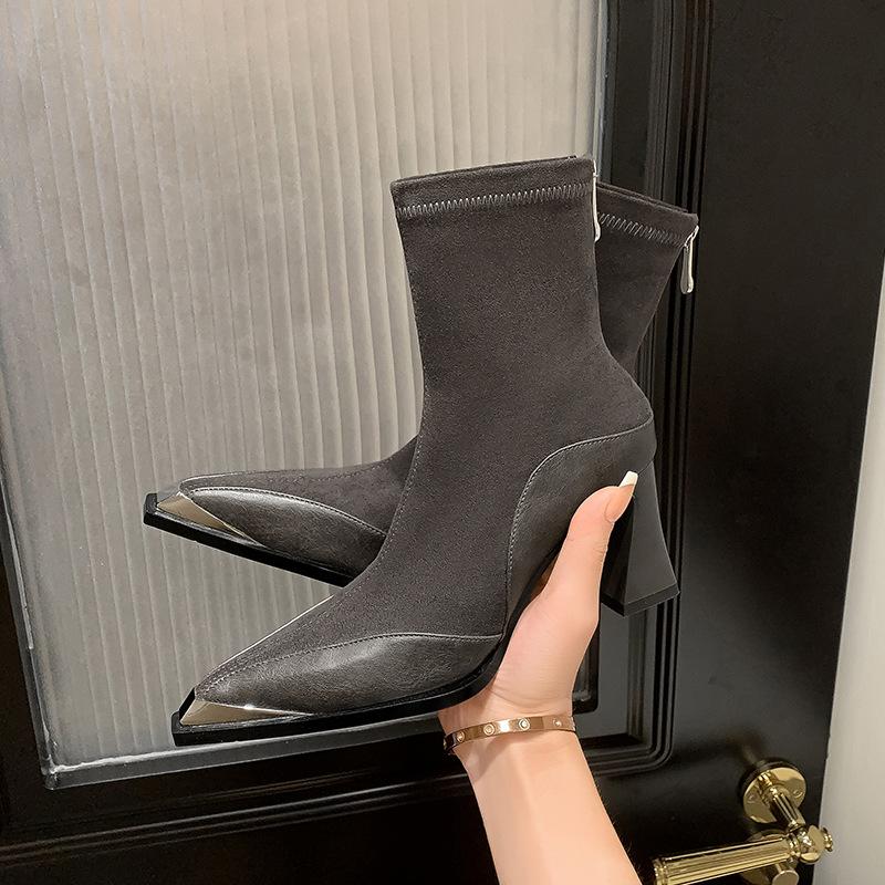 7.5CM French Elegant Elastic Thin Boots 2025 Autumn and Winter New Pointed Thick Heel Zipper Temperament Small Short Boots