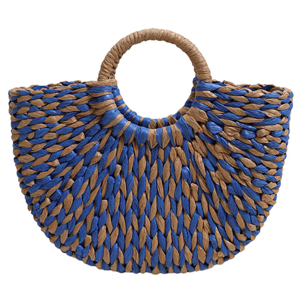 Straw Handbags Handwoven Beach Top-Handle Bags Hollow Out Stripe Tote Hand Bags Large Capacity Half-Moon Bag for Vacation Travel