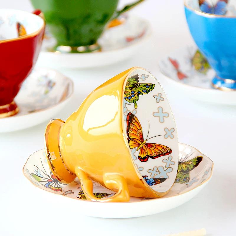Vintage Butterfly Bone China Coffee Cup Saucer Set, Colorful Ceramic Tea Cup with Gold Rim, Elegant Porcelain Latte Mug for Afternoon Tea Home Decor