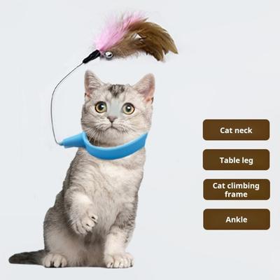 Interactive Cat Collar Toy Teasing Wand with Colorful Natural Feathers and Bell
