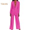 2 Pcs/Set Women Suit Coat Pants Set Deep V Neck Lapel Single Button Closure Mid Length Cardigan Long Sleeve Jacket Straight Trousers Lady Formal