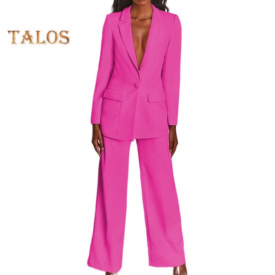 2 Pcs/Set Women Suit Coat Pants Set Deep V Neck Lapel Single Button Closure Mid Length Cardigan Long Sleeve Jacket Straight Trousers Lady Formal