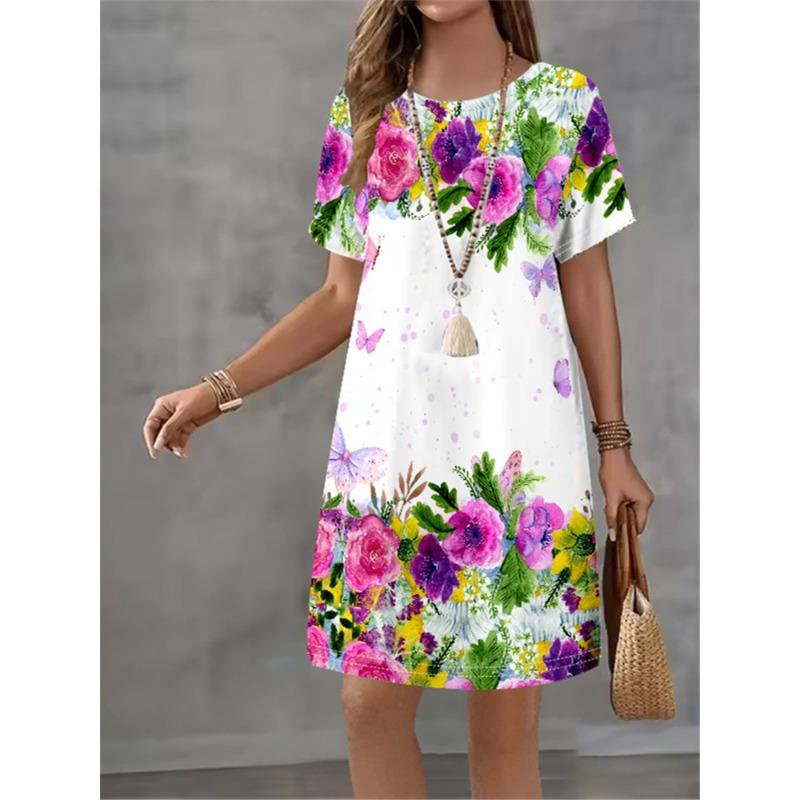 Women's Summer Flower Printed Short Sleeve Round Neck Dress 2025 Fashion New Style Design Sense Elegant Women's Mini Dress