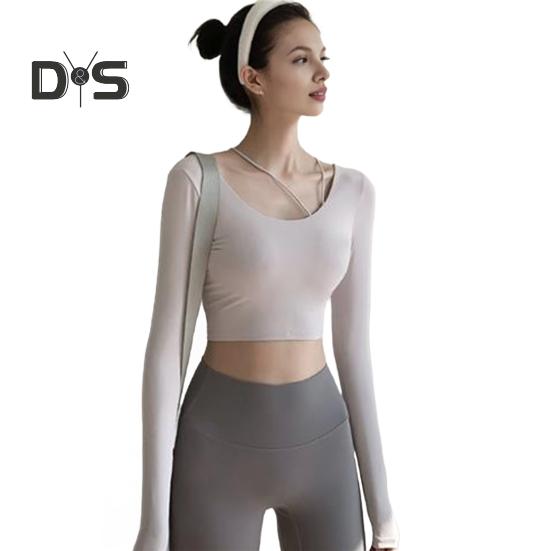Innen gepolsterte Yoga-Tops für Damen, sexy Rücken, langärmelig, Yoga-Top, Sport, hochelastisch, für Fitnessstudio, Fitness, Laufen, Training, T-Shirt, weich, atmungsaktiv, sportliche Kleidung für
