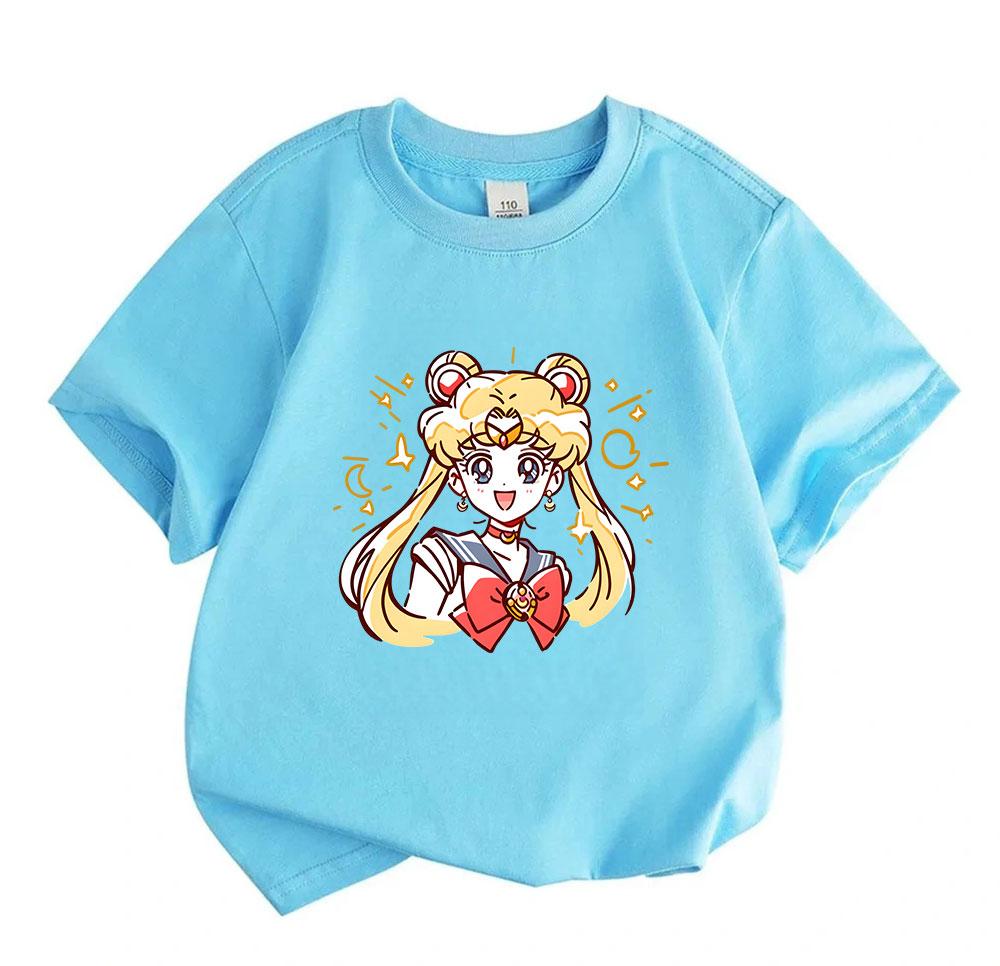 Kids Boys Girls 100% Cotton Crew Neck Short Sleeve T-Shirt, Cute Sparkly Anime Girl Print Casual Comfortable Soft Tee for Daily Wear Holiday Gift for