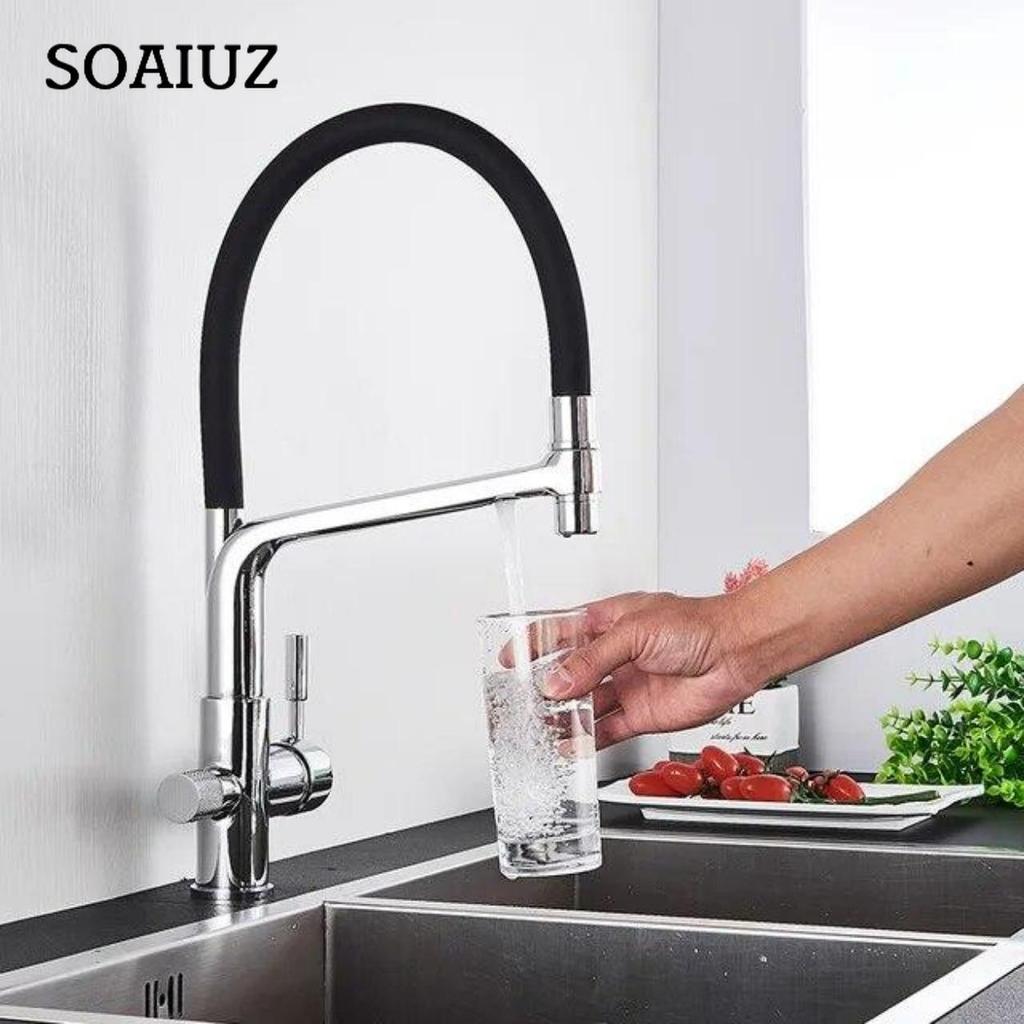 Filter Kitchen Faucet Black Dual Spout Drinking Water Faucet Mixer 360 Degree Rotation Hot Cold Water Purification Feature Tap