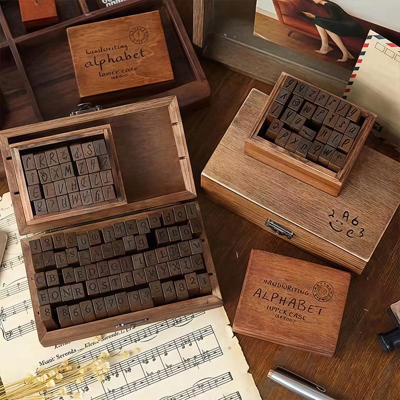 70 Pieces Creative Stationery Vintage Alphabet English Number Wooden Box DIY Hand Journal Decoration Stamp;