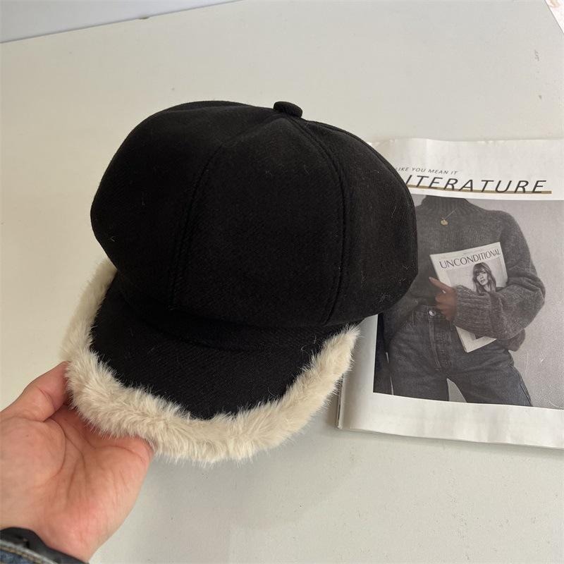 

Осенне-зимний новый модный тренд плюшевая восьмиугольная шляпа с вставками женская шляпа газетчика из шерсти, делающая лицо маленьким M（56-58cm） чёрный