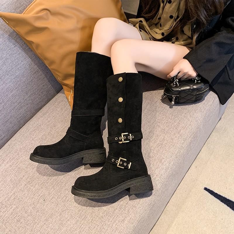 

New Style Women s Long Boots Fashionable Two-piece Lapel Mid Leg Boots Retro Versatile Thick Soled Motorcycle Boot Mujer 40