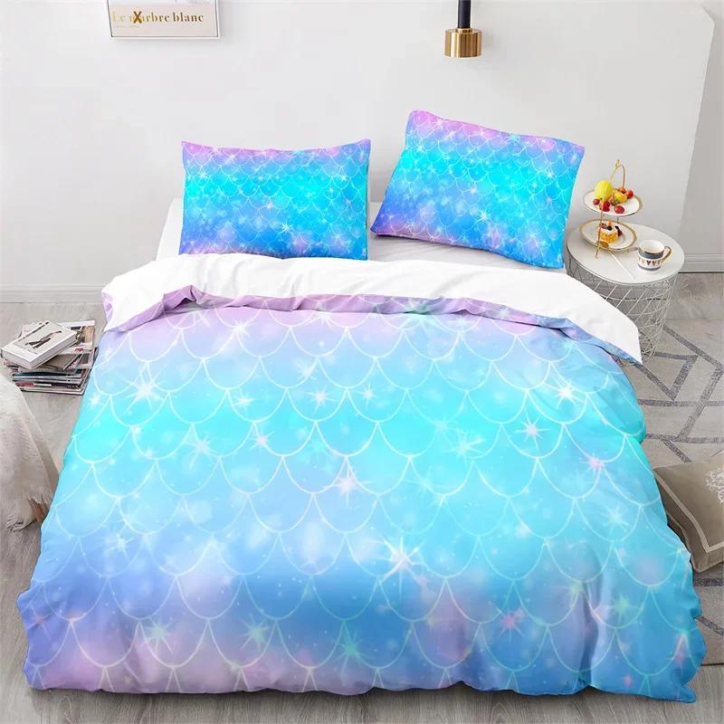 Colorful Fish Scales Bedding Set Twin King For Kids Girl Blue Pink Mermaid Skin Surface Print Duvet Cover Polyester Quilt Cover