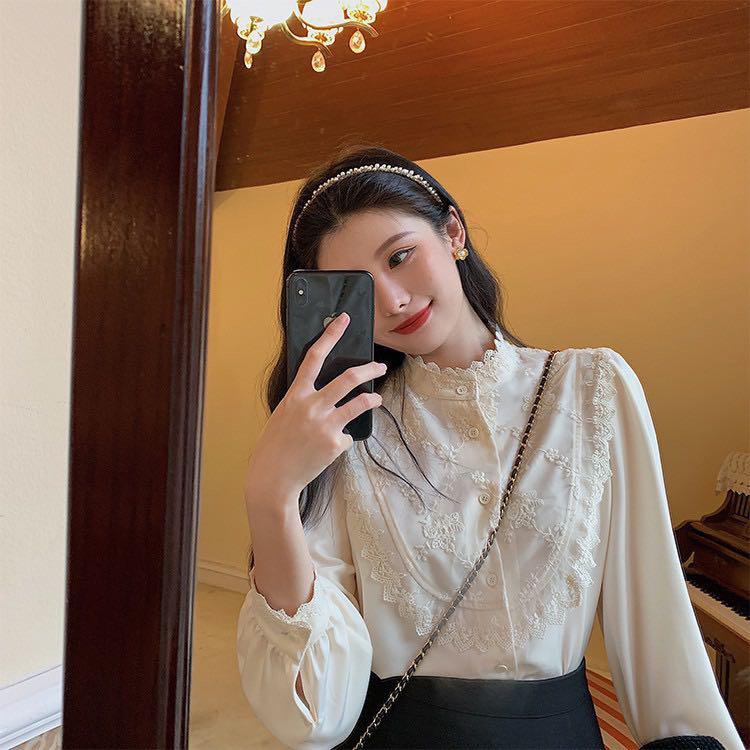 Autumn Women's High-Neck Long-Sleeve White Shirt