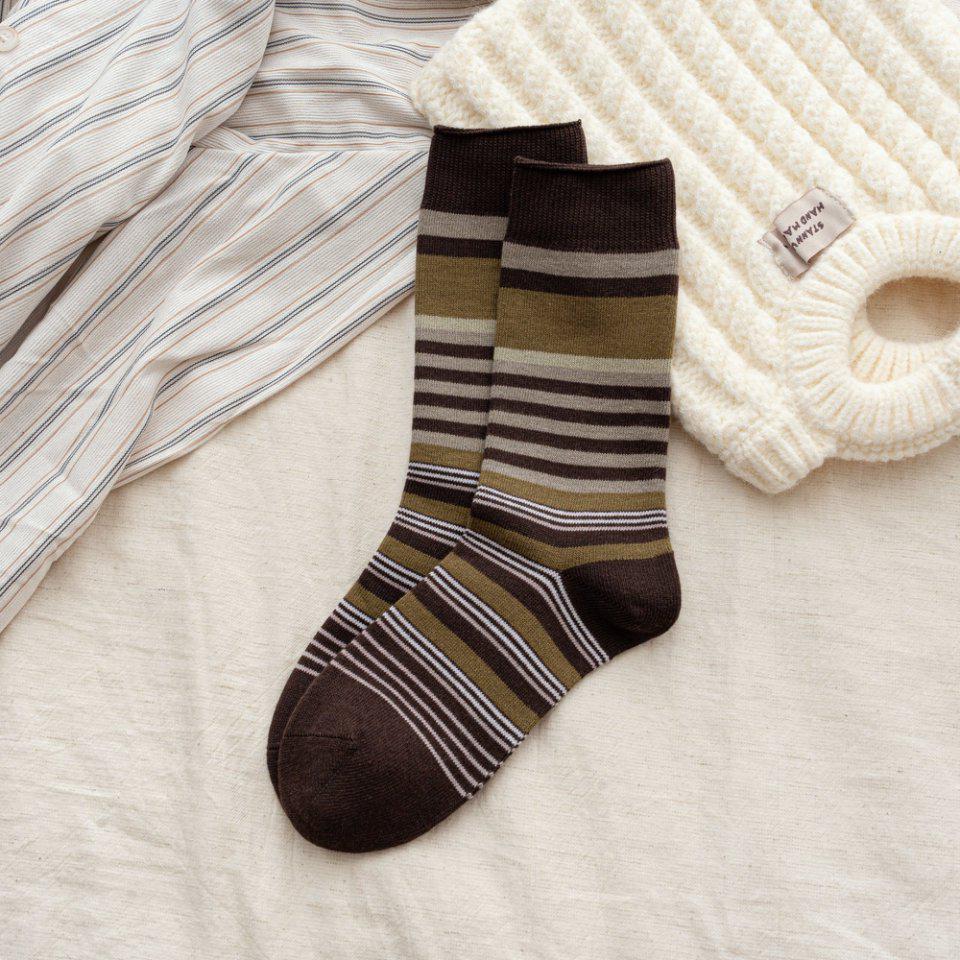 Korean Retro Mori Color Block Striped Mid-Calf Socks - Women's Breathable Autumn/Winter Birkenstock Double-Needle Scrunch.