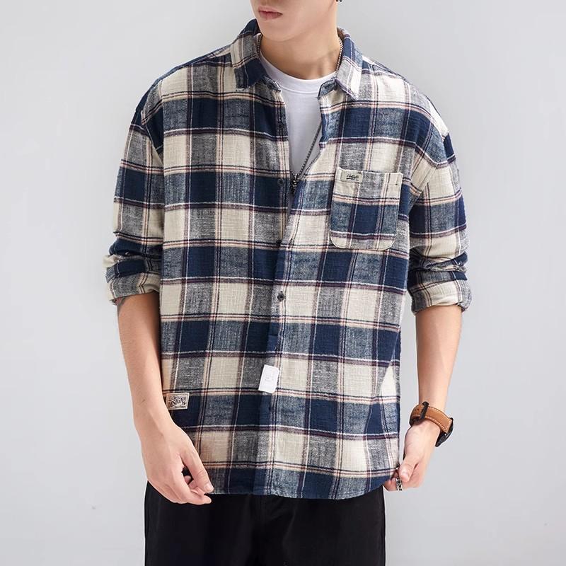 Men’s Japanese-style Retro High-street Checked Shirt: Long-sleeved, Collared, Loose-fit Jacket