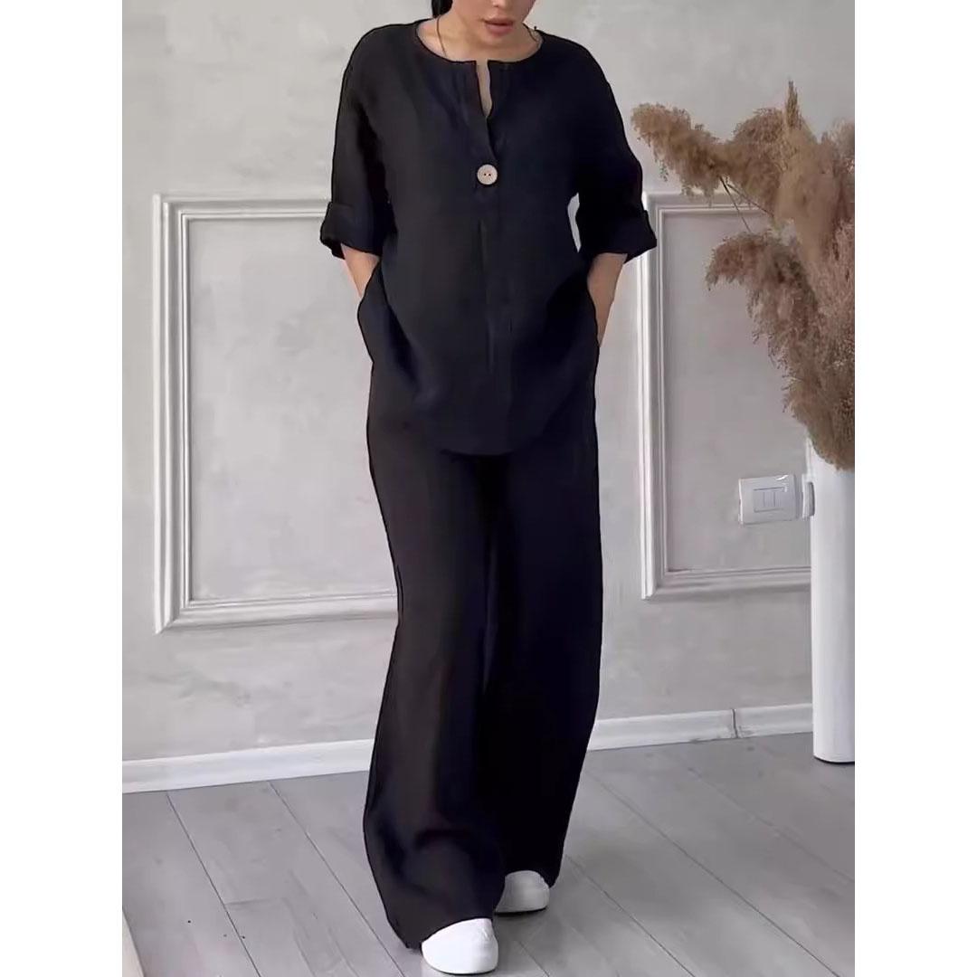 

Модные европейские и американские женские удобные свободные топы, широкие брюки, повседневный хлопковый льняной костюм больших размеров XL чёрный