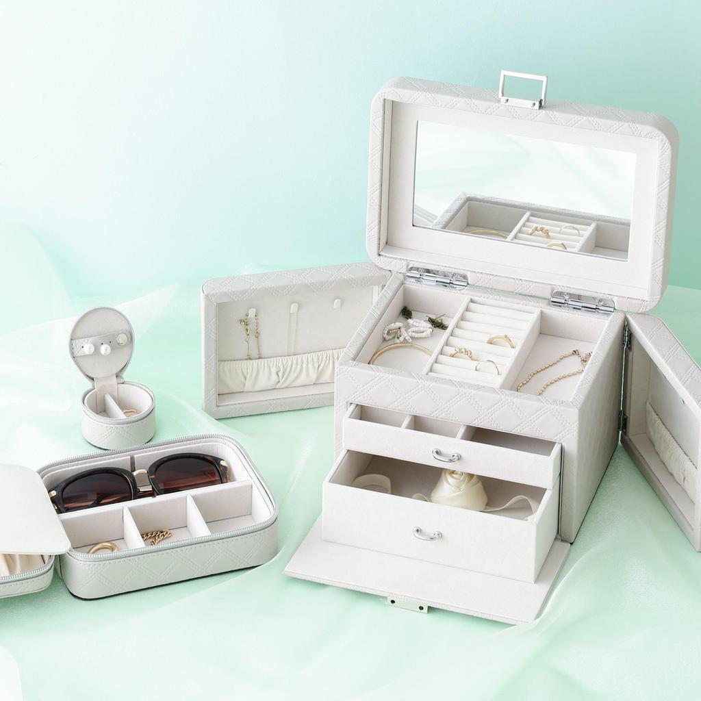 Francfranc Gesteppte Schmuckschatulle, Grau, Doppeltür-Öffnung, mit Spiegel, zur Aufbewahrung von Accessoires