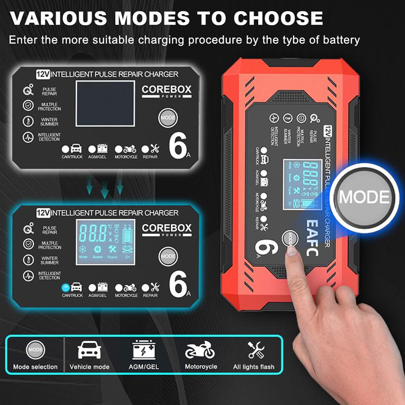 Chargeur de Batterie de Voiture 6A 12V Dispositif de Charge de Batterie de Voiture et de Moto Batterie Plomb-acide Réparation Intelligente Écran LCD
