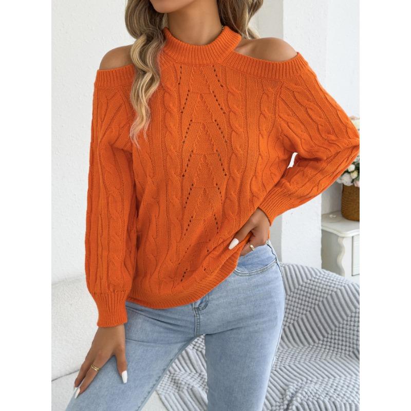 Womens Casual Solid Off Shoulder Long Sleeve Pullover Sweater