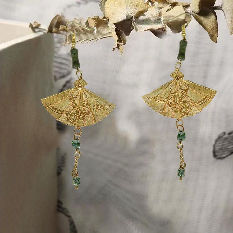 

New Chinese Handmade Foldable Antique Fan Earrings Women S Trendy Long Fringed Earclips Earrings Earrings