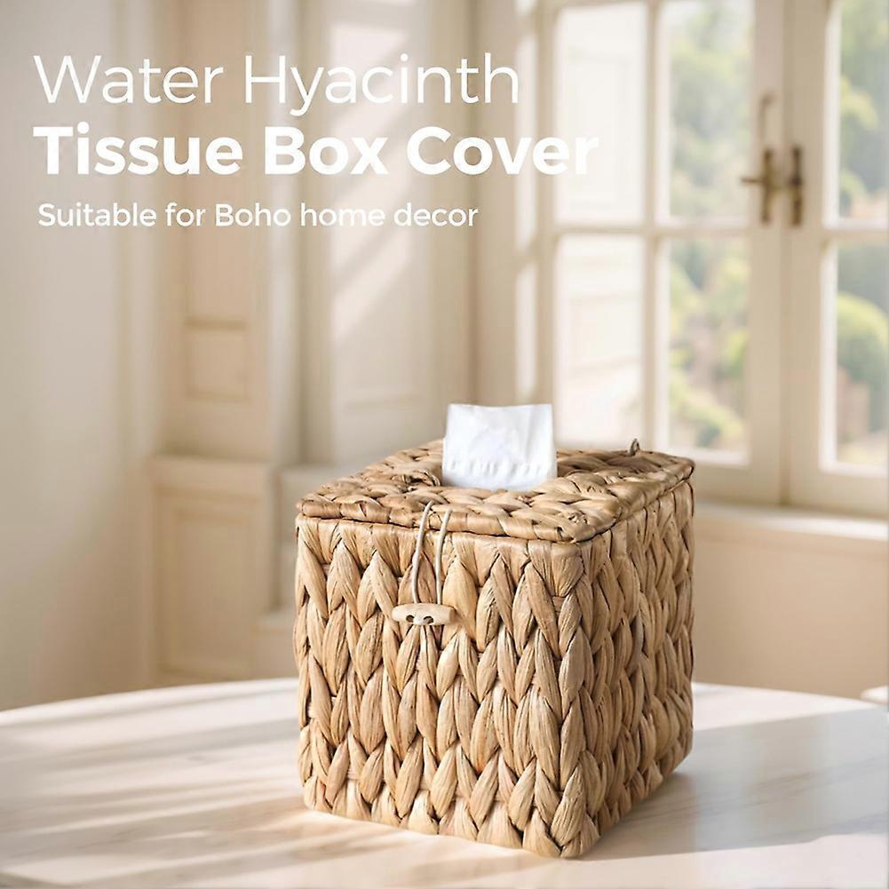 Housse de boîte à mouchoirs en rotin avec couvercle, Porte-boîte à mouchoirs carré, Cube décoratif tissé jacinthe d'eau style Bohème, Porte-mouchoirs