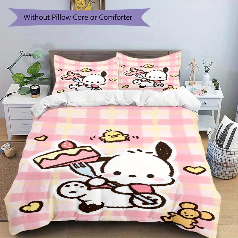 3pcs Pink Grid Cake Pochacco Printed Bedding Set, Soft and Comfortable Quilt Cover for Bedroom, Guest Room (1 Duvet Cover + 2 Pillowcases, P