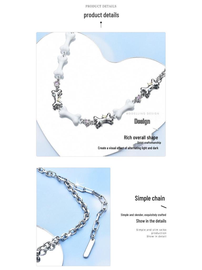 Niszowy naszyjnik choker z cyrkoniami z serii Bone: Modny Słodki Naszyjnik Cool z Osobliwością Modny Łańcuszek na Obojczyk.