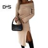 Frauen Herbst Winter, Figurbetontes Kleid Schulterfrei Langarm Schlitz Saum Slim Fit Enges Party Midikleid Einfarbiges Hüftwickelkleid