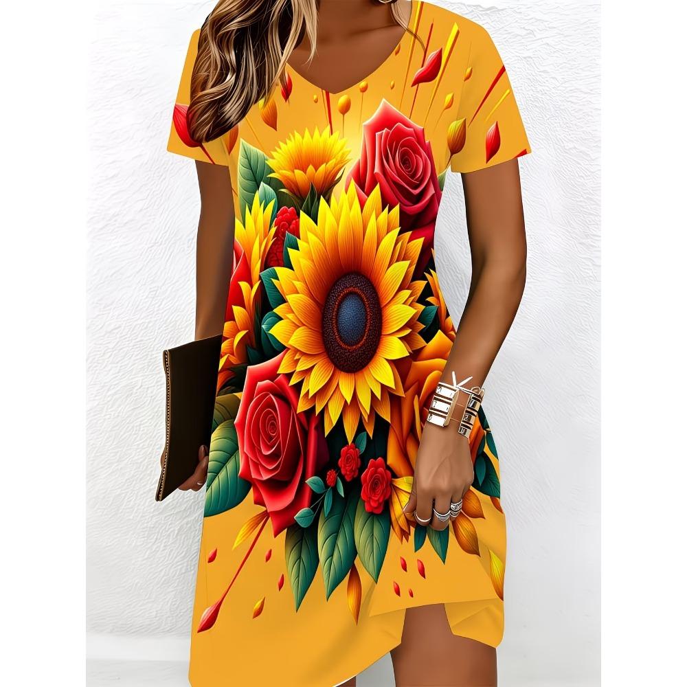 Large Size Women's Summer Casual Dress, Short Sleeved V-neck Floral Print Dress