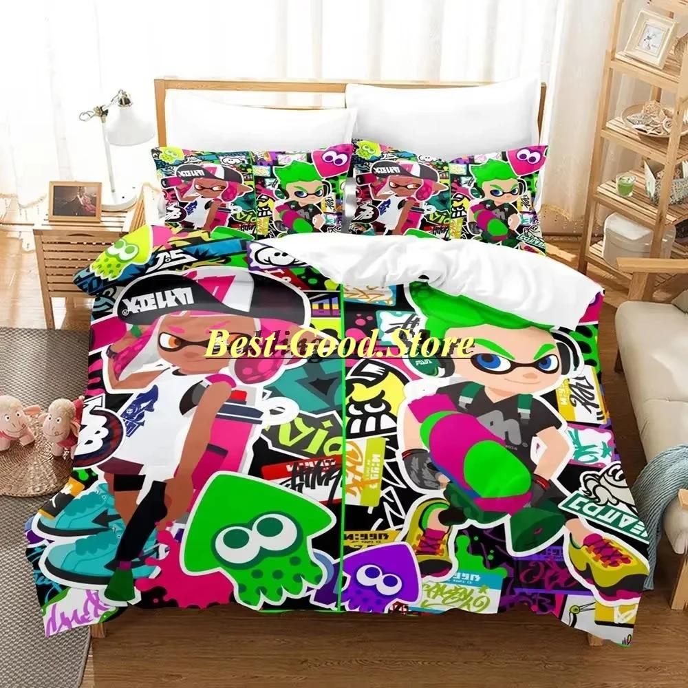 Splatoon 3 Inkling Kałamarnica Zestaw Pościeli Pojedynczy Bliźniak Pełny Queen King Size Zestaw do Łóżka Aldult Kid Sypialnia Zestawy Poszwy na Kołdrę Zestaw Prześcieradła