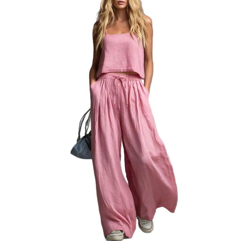 Damen schulterfreies einfarbiges Spaghettiträger-Top & ärmelloses langes Hosen-Set.
