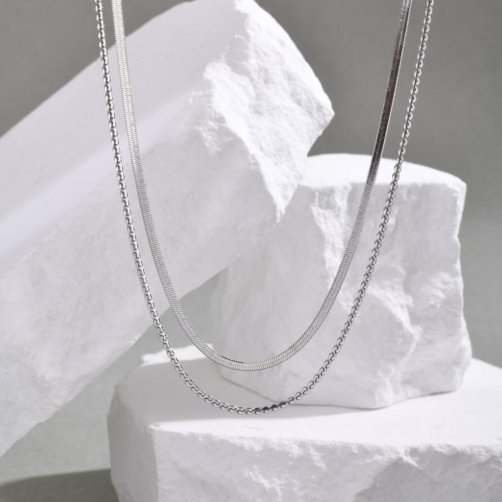 Necklace for Double Stainless Fashion Gift [Rockyu] Women, Silver, Chain, Steel, Hypoallergenic, Jewelry, (SILVER)