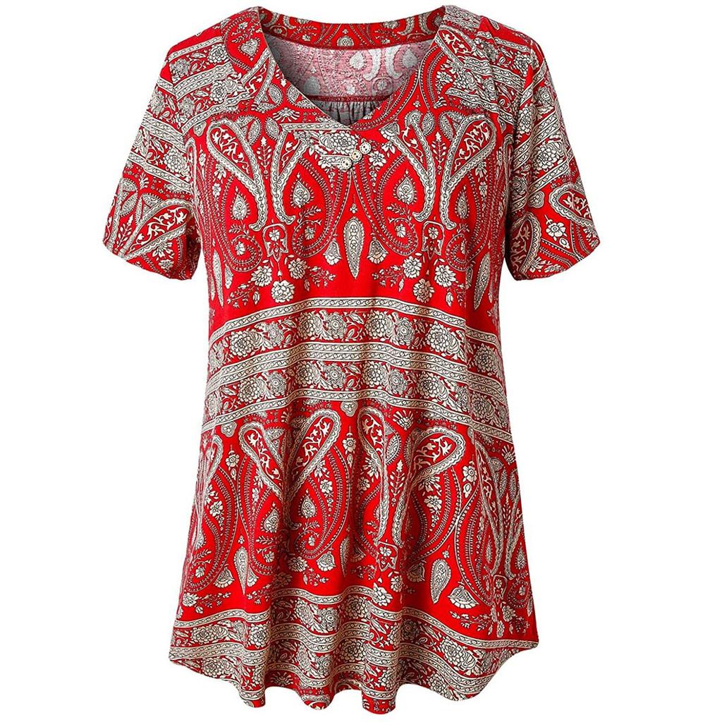 Fashion Ladies Print V-Neck Short Sleeve Top Pullover Loose T-Shirt