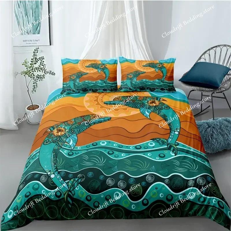 Set Biancheria da Letto Delfino dell'Oceano per Bambini Adulti Stile Boho a Tema Marino Copripiumino Microfibra Copripiumino Creature Marine Arredamento Camera da Letto