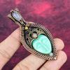 Green Carved Bone Face Pendant Copper Wire Wrapped Rainbow Moonstone Jewelry