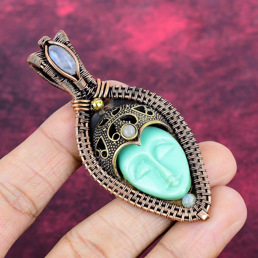 Green Carved Bone Face Pendant Copper Wire Wrapped Rainbow Moonstone Jewelry
