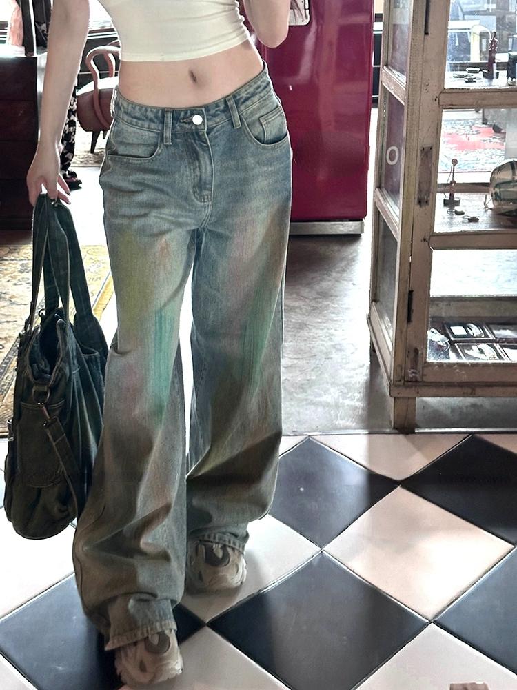 

Радужный дизайн с принтом, ретро широкие джинсы, женские элегантные свободные прямые брюки с высокой талией, корейские модные повседневные брюки XL синий