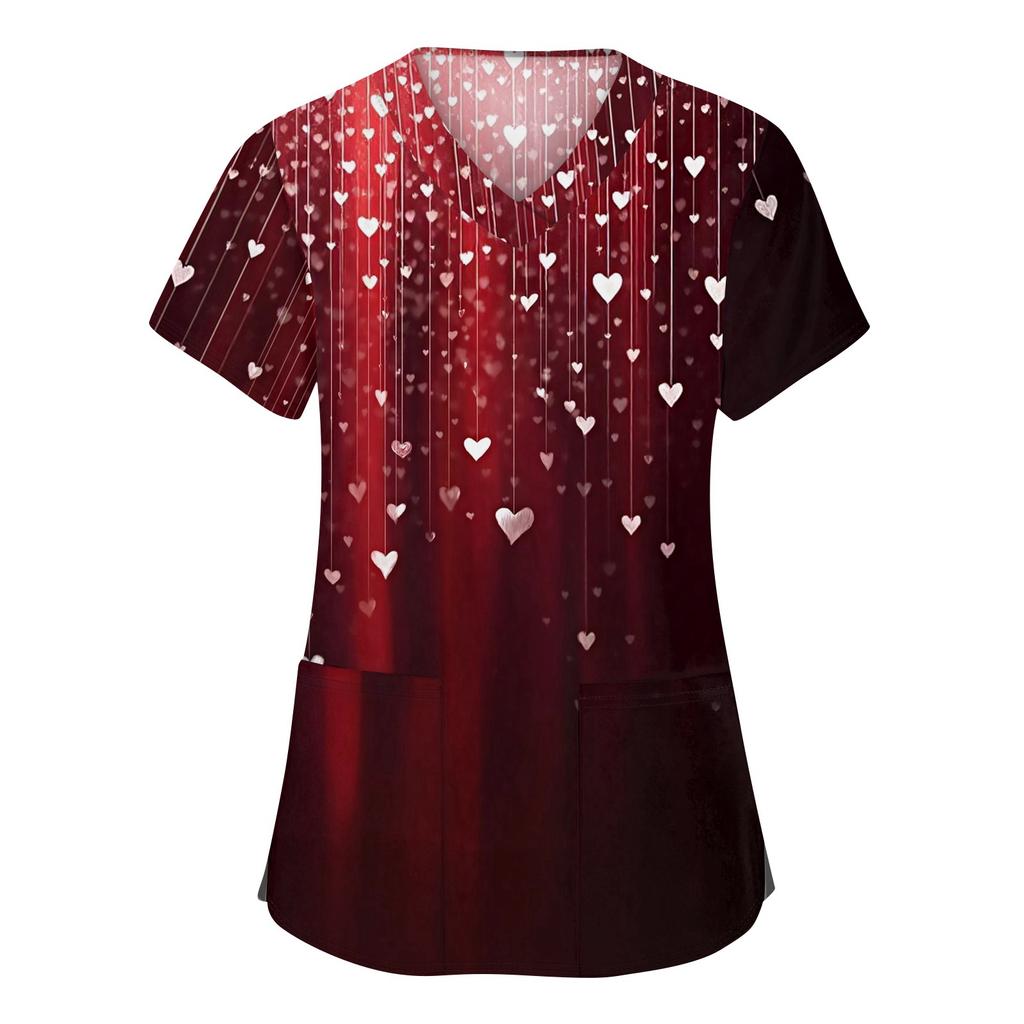 Modische Arbeitskleidung für Damen mit V-Ausschnitt, kurzen Ärmeln und bedruckten Taschen