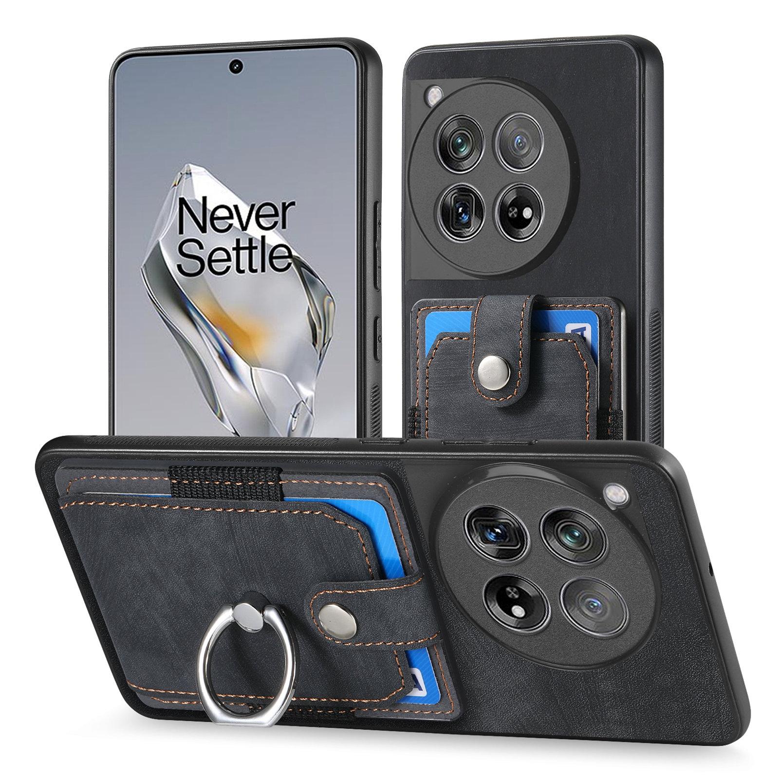 

D2 Phone Cover for OnePlus 12 5G Case Retro Drop-resistant Leather+TPU Kickstand Shell Black