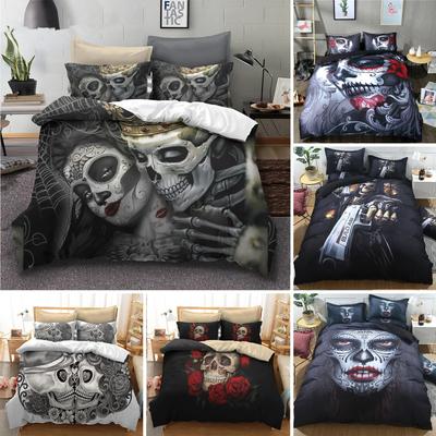 Set da letto Teschio di Zucchero King Bellezza Bacio Teschio Copripiumino Set Letto Stampa Boemia Nero Biancheria da letto Misura Queen Copriletto