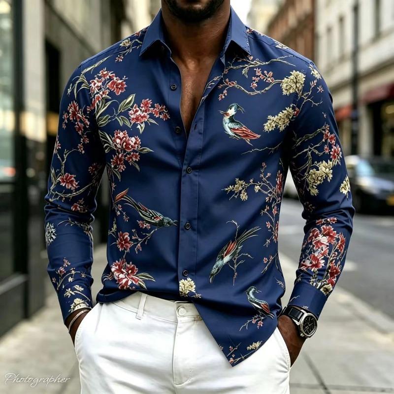 New Men's Shirt Collar Long Sleeved Printed Shirt Street Style Elegant Men's Casual Fashion Top, Comfortable, 17 Colors